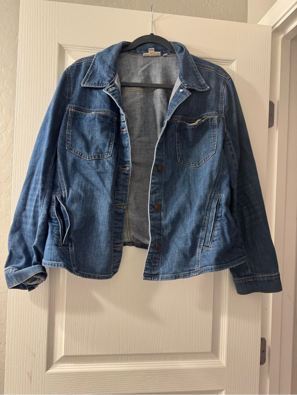 Chico's Light Blue Denim Jacket with Tan Stitching